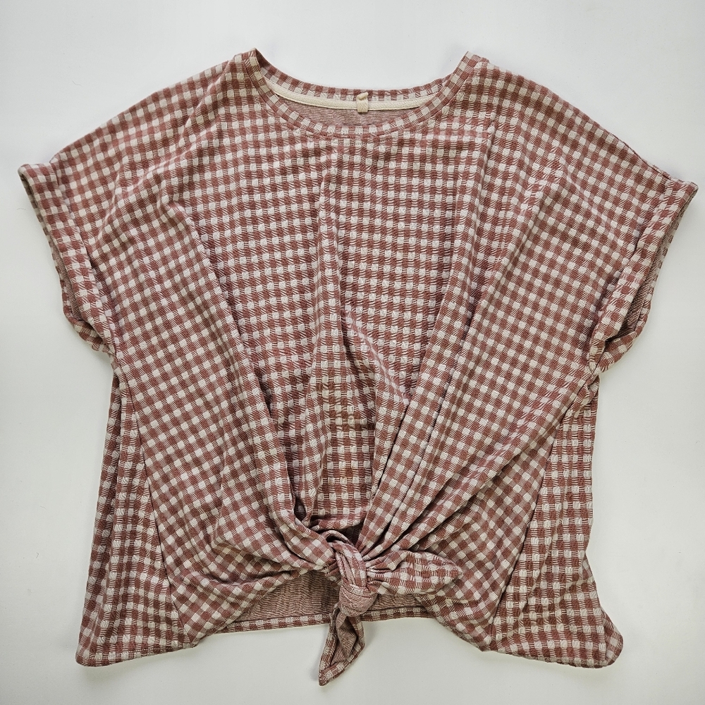 Lou & Grey Checkered Gingham Tie-Front Tee Pink Cream Large